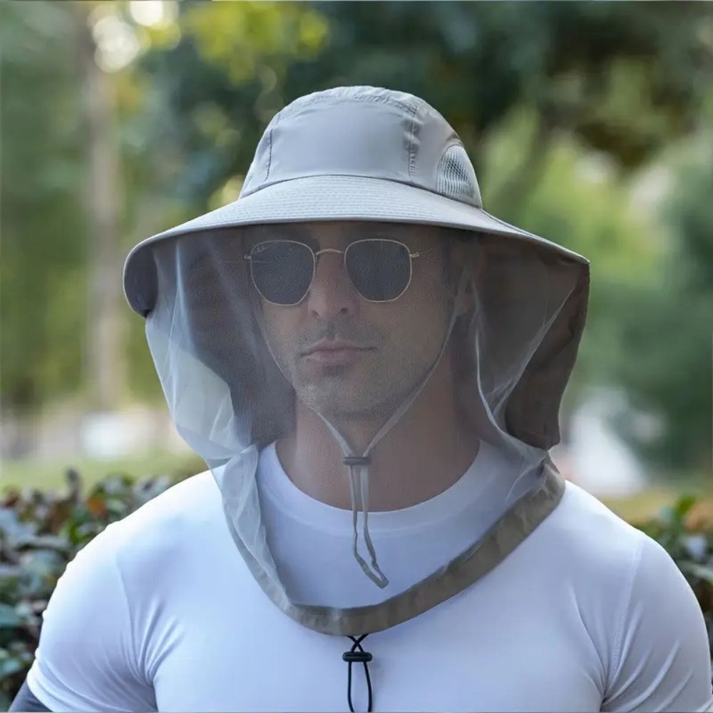 Breathable wide brim safari hat with detachable mosquito mask & neck flap, ideal for hiking, camping, UV protection.