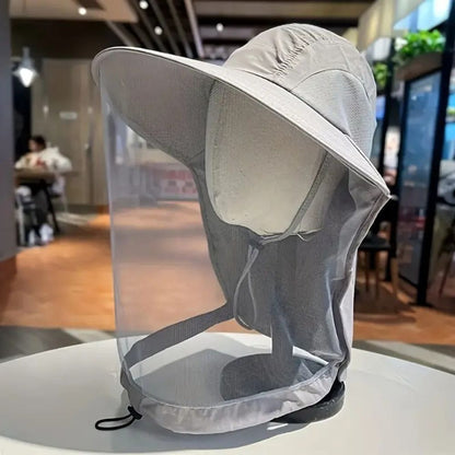 UV protective wide brim sun hat, unisex, with mosquito net & face flap for versatile outdoor activities & travel.