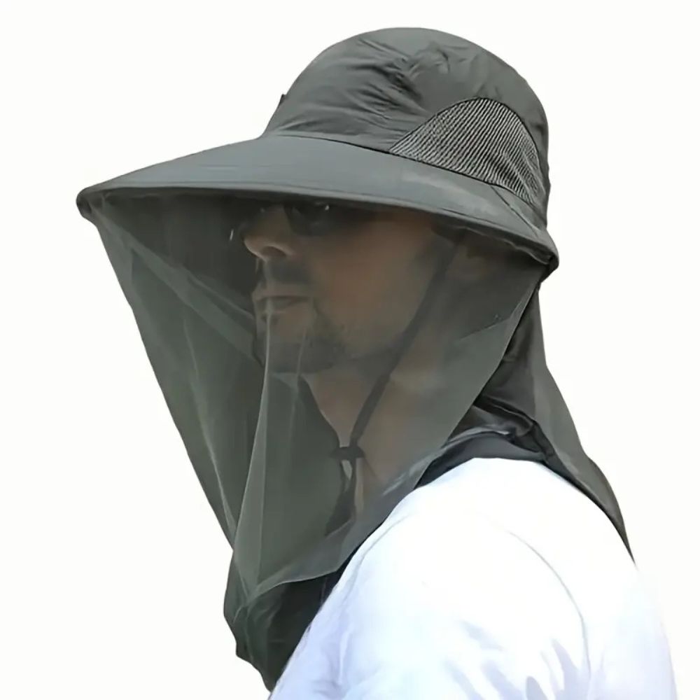 Breathable wide brim sun hat for men & women, featuring detachable face flap, neck guard & mosquito net.