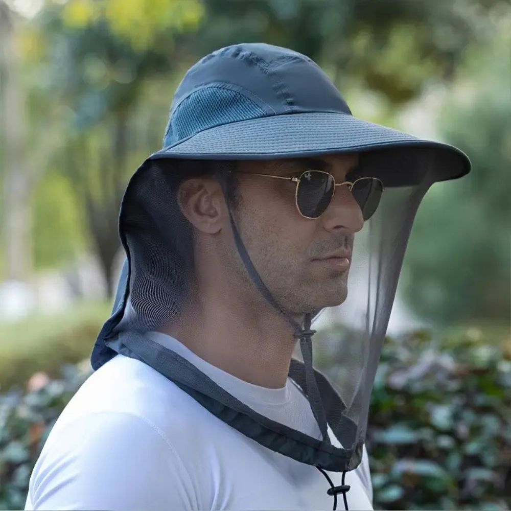 Safari wide brim sun hat with mosquito protection, face cover & neck flap, essential for fishing & outdoor adventures.