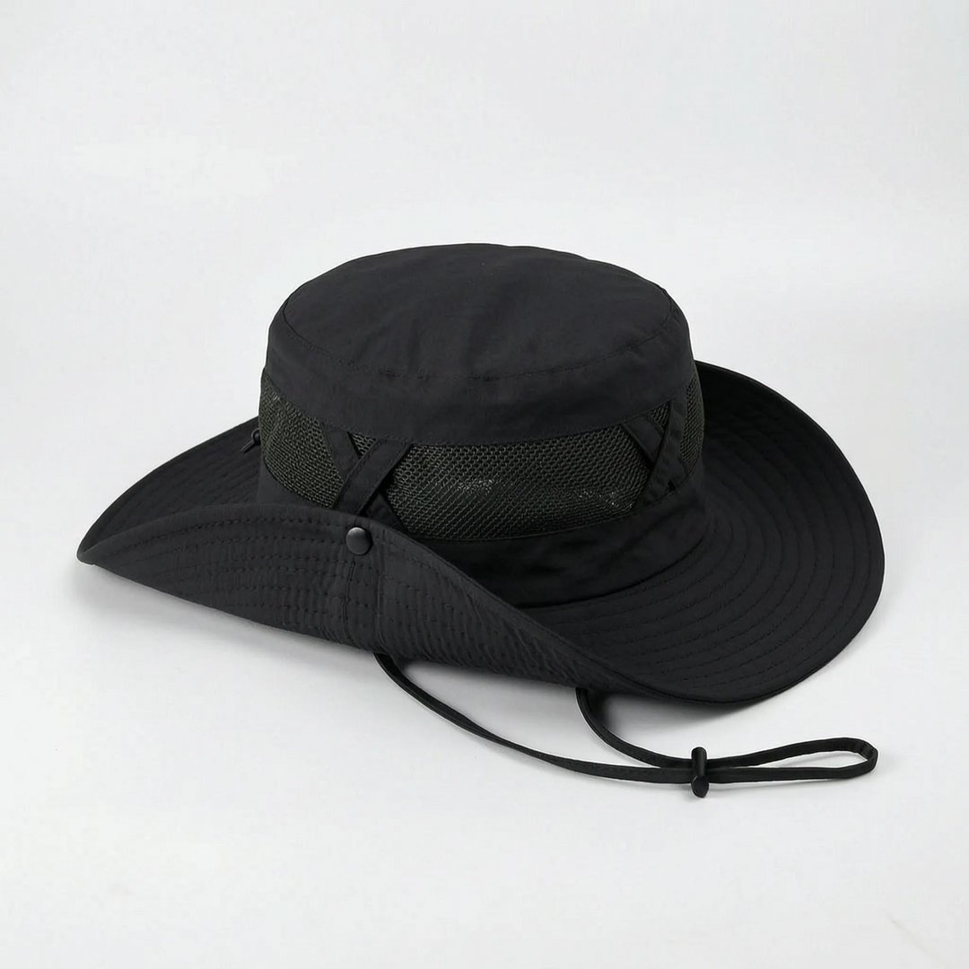 Stylish unisex wide brim sun hat offering maximum UV protection for fishing, travel, and beach days.