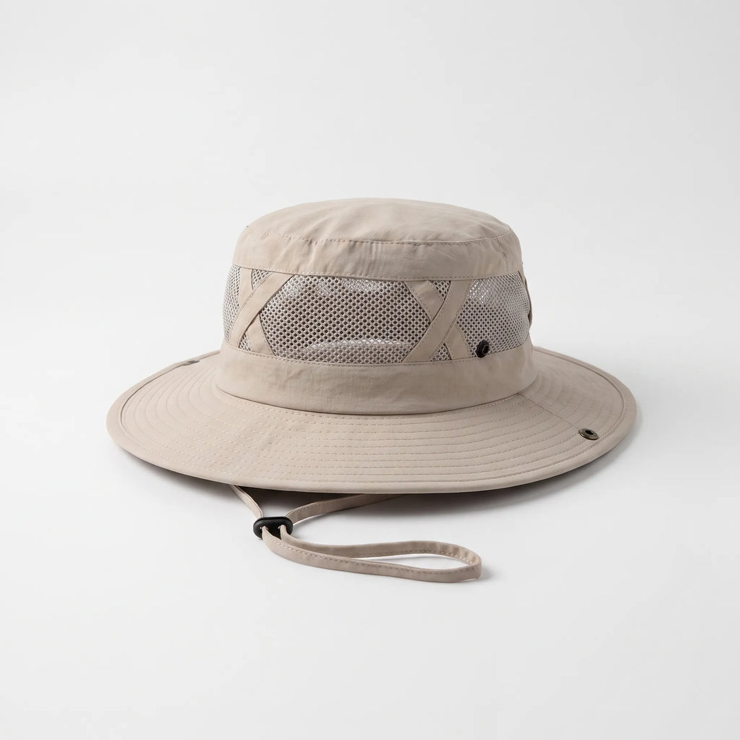 Wide brim sun hat with UV protection, ideal for fishing, hiking, and beach travel. Adjustable fit.