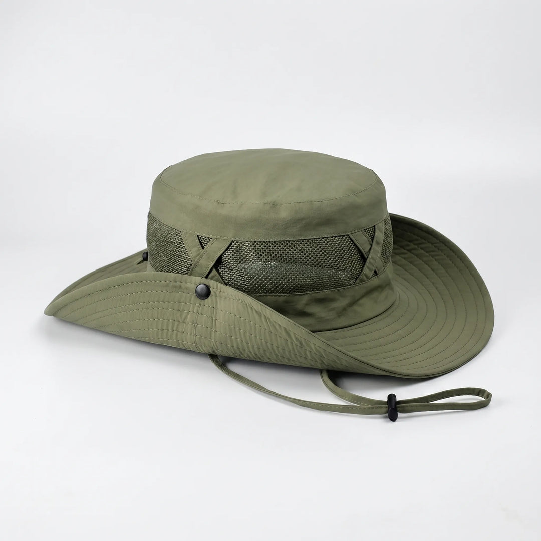 Adventure gear sun hat with wide brim, offering UPF 50+ UV protection. Essential for fishing & hiking.
