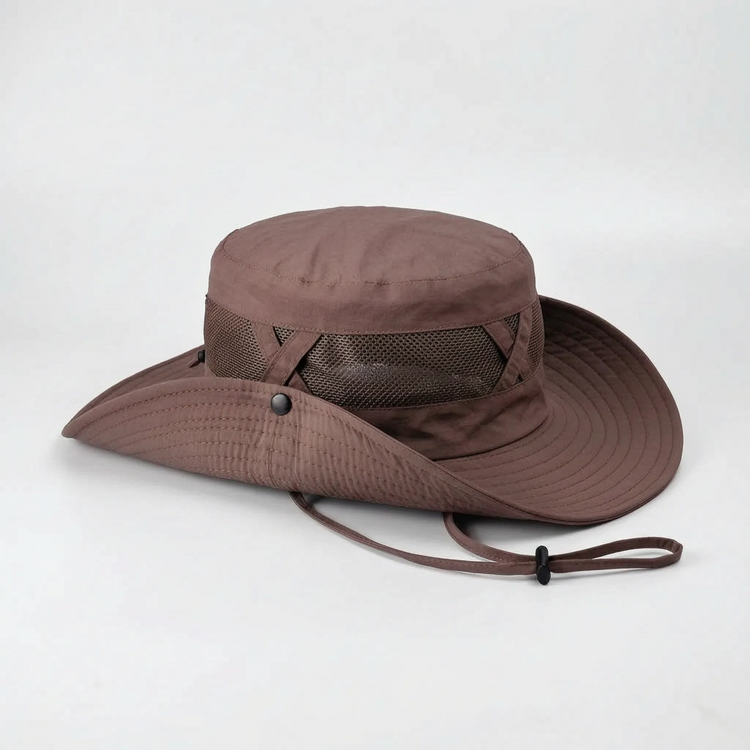 Outdoor sun protection hat with a wide brim and adjustable chin strap. Perfect for fishing, hiking & camping.
