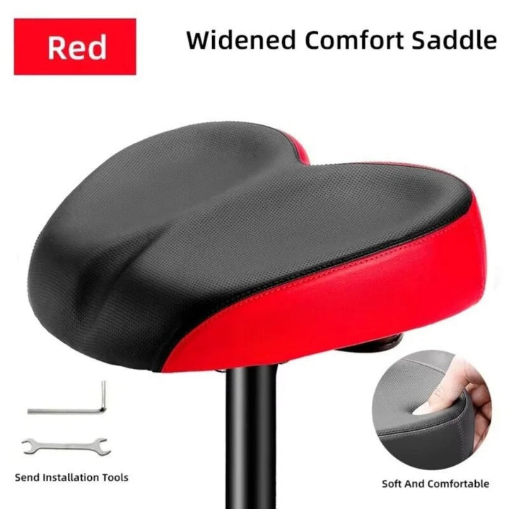 Wide ergonomic unisex bike saddle, universal fit for enhanced cycling comfort.