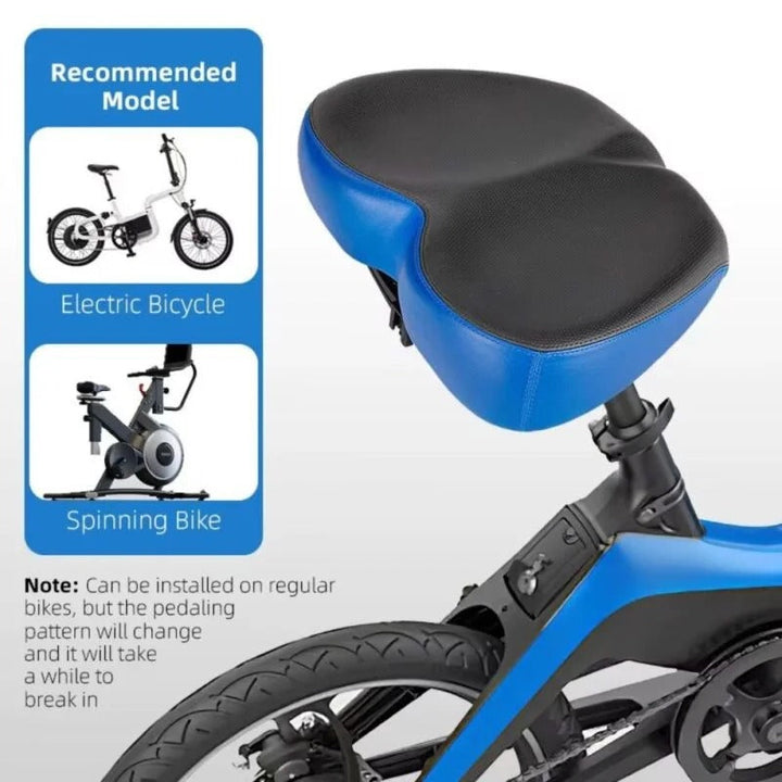 Shock-absorbing wide bicycle seat for comfortable long-distance cycling adventures.