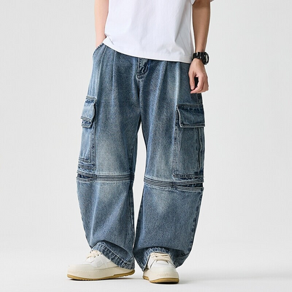 Unisex wide-leg denim pants, relaxed fit, modern street style.
