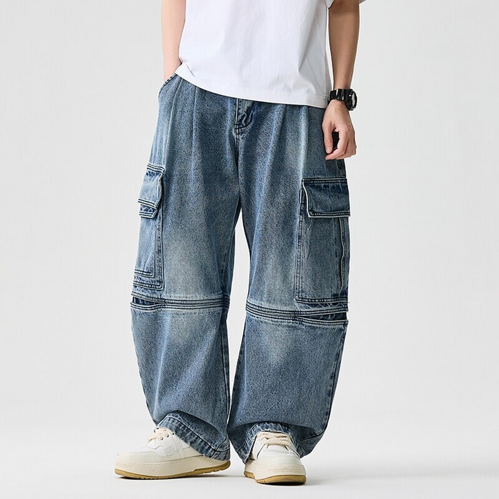 Unisex wide-leg denim pants, relaxed fit, modern street style.