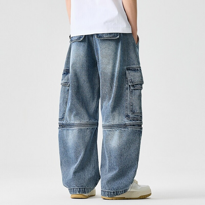 Durable unisex wide-leg denim pants with adjustable waist for comfort & casual style.