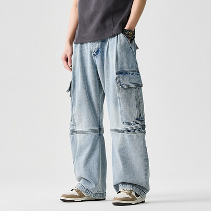 Relaxed fit wide-leg denim pants, perfect for comfortable, modern unisex street style.