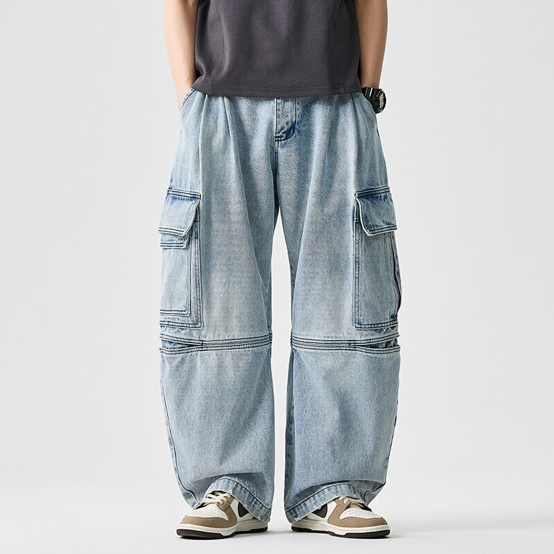 Utility-inspired unisex wide-leg denim pants, durable & stylish, ideal for modern casual wear.