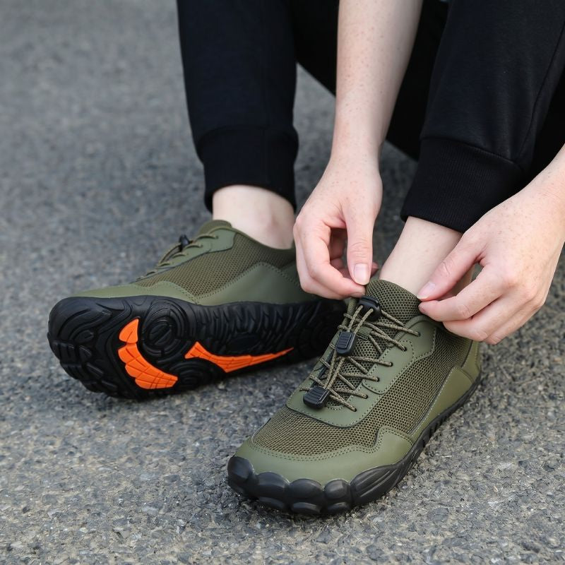 Breathable orthopedic hiking shoes with wide toe box, comfortable for natural foot movement.