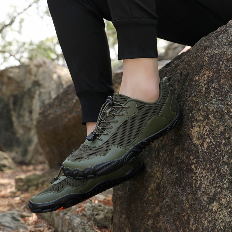 Unisex wide toe box trail shoes, orthopedic design for natural fit and comfortable hiking.
