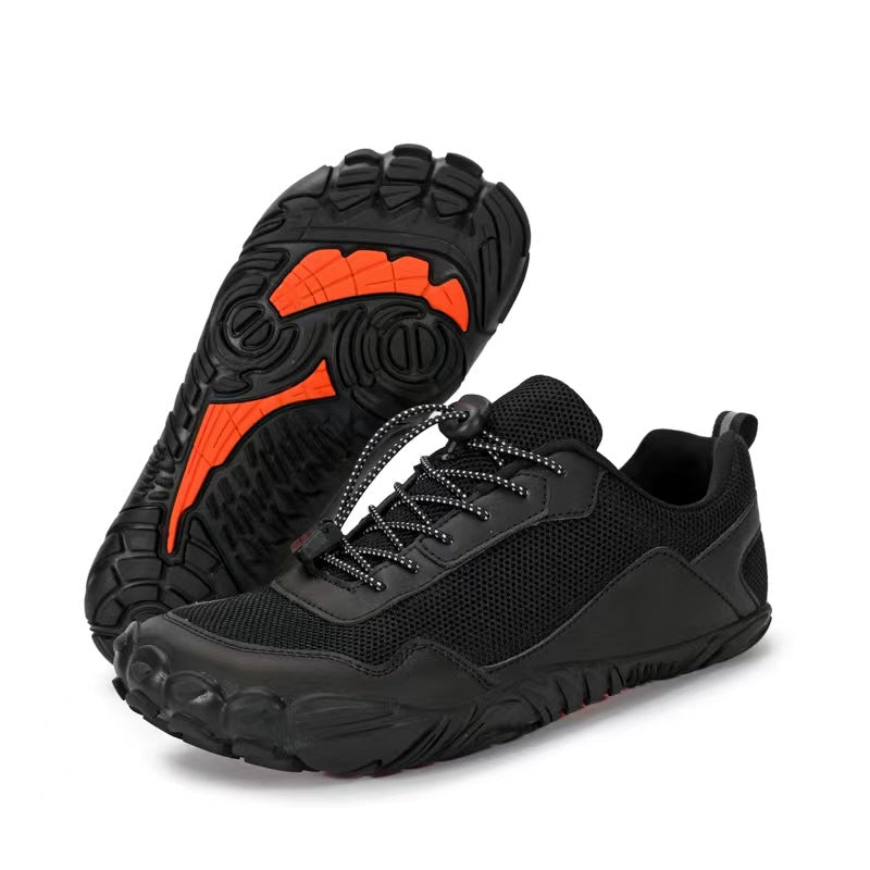 Comfortable orthopedic hiking shoes with wide toe box for barefoot feel, ideal for trails.