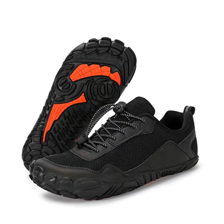Comfortable orthopedic hiking shoes with wide toe box for barefoot feel, ideal for trails.