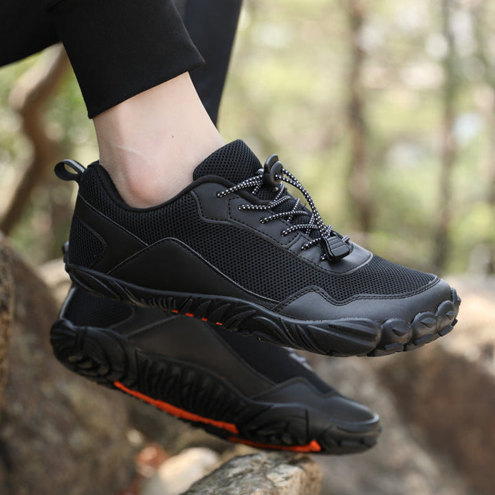 Flexible orthopedic outdoor shoes with a wide toe box, offering natural comfort for hiking.