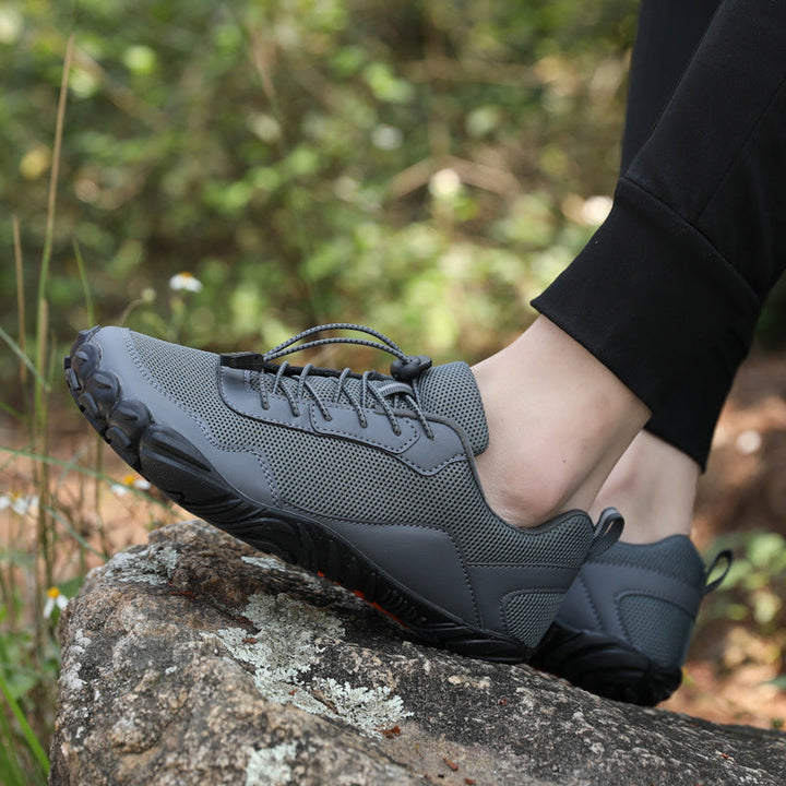 Orthopedic hiking shoes with a wide toe box and flexible, breathable design for natural fit.