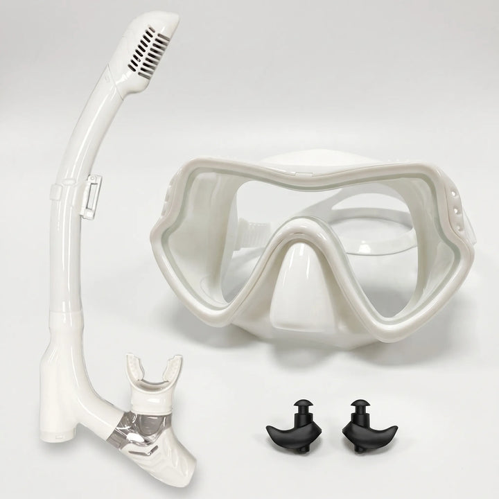 Comfortable, soft silicone skirt on a wide view snorkeling mask for leak-free swimming and diving.