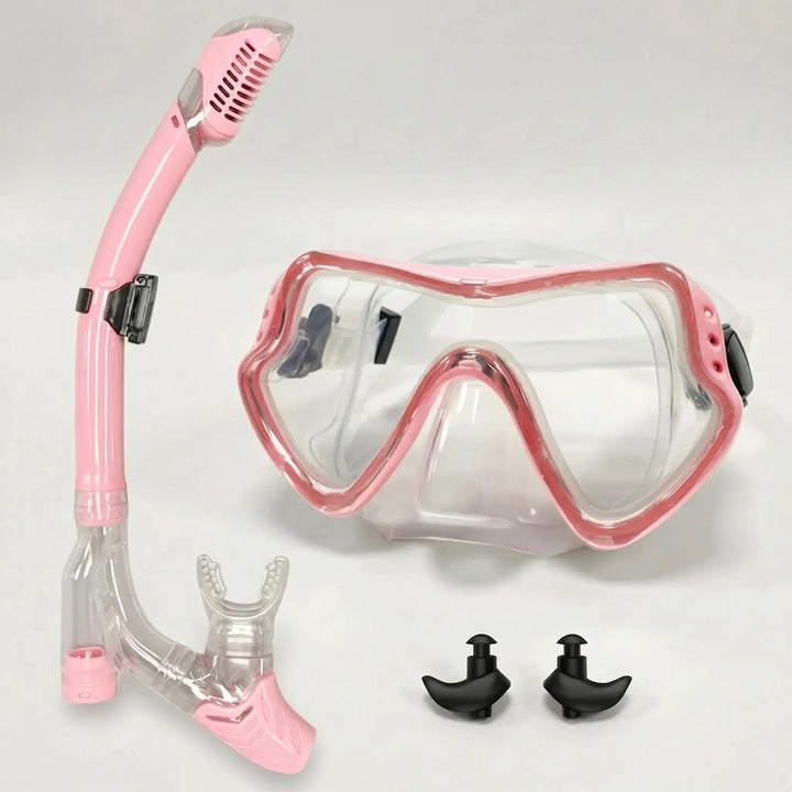 New wide view snorkeling mask, ready for water sports; features clear vision tempered glass & comfy silicone.