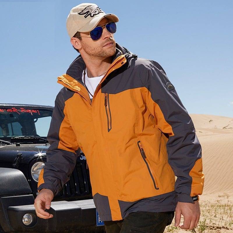 Unisex winter 3-in-1 insulated mountaineering jacket, blue, perfect for cold weather outdoor activities, side view.
