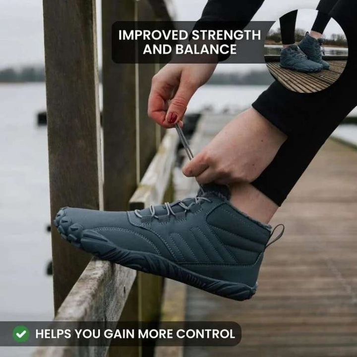 Pair of gray unisex winter barefoot shoes with waterproof construction, non-slip sole, ideal for outdoor hiking