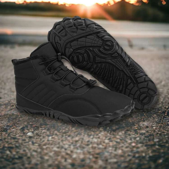 Unisex barefoot winter shoes in a casual outdoor setting, demonstrating waterproof and non-slip features for hiking