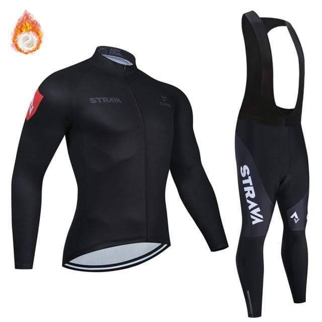 Complete sports clothing set: plush fleece cycling jersey and durable bike shorts, perfect for cool weather rides.