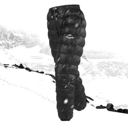 Close-up of thermal down insulated hiking pants fabric, showing weatherproof material