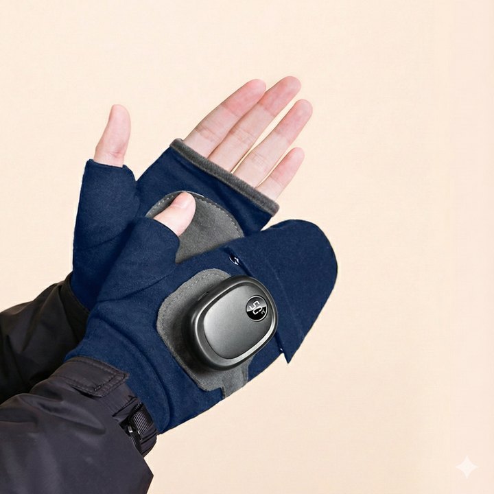 Heated gloves laid out, displaying the internal heating elements and soft lining.