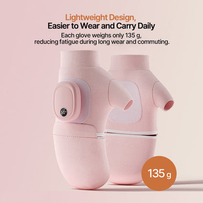 Rechargeable heated gloves with power indicator light, ready for extended outdoor use.