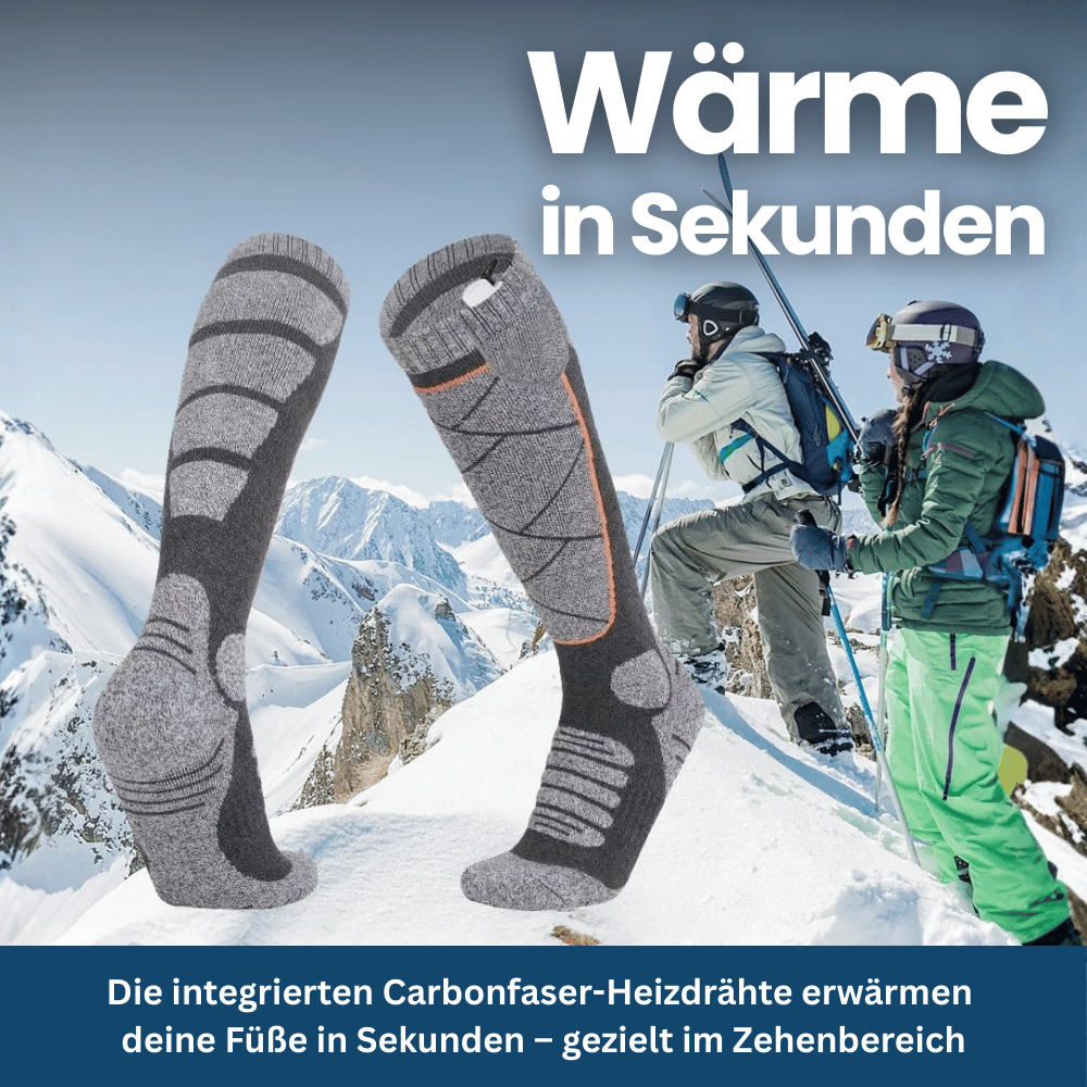 Pair of black heated socks with integrated power bank, perfect for keeping feet warm in winter.