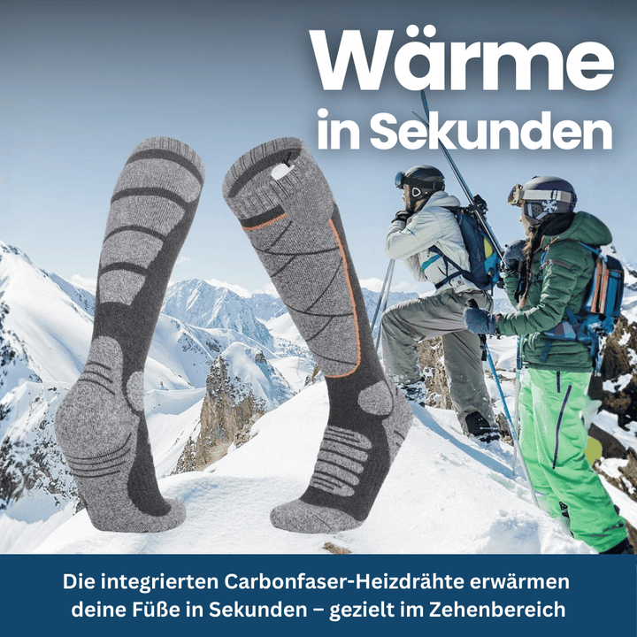Pair of black heated socks with integrated power bank, perfect for keeping feet warm in winter.