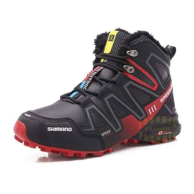 Winterized leather sneakers with plush lining, unisex, providing warmth and traction for snowy trails