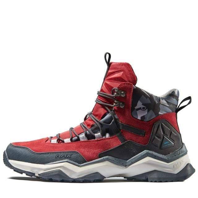 Unisex winter warm hiking shoes, black with red laces, durable for outdoor snow adventures.