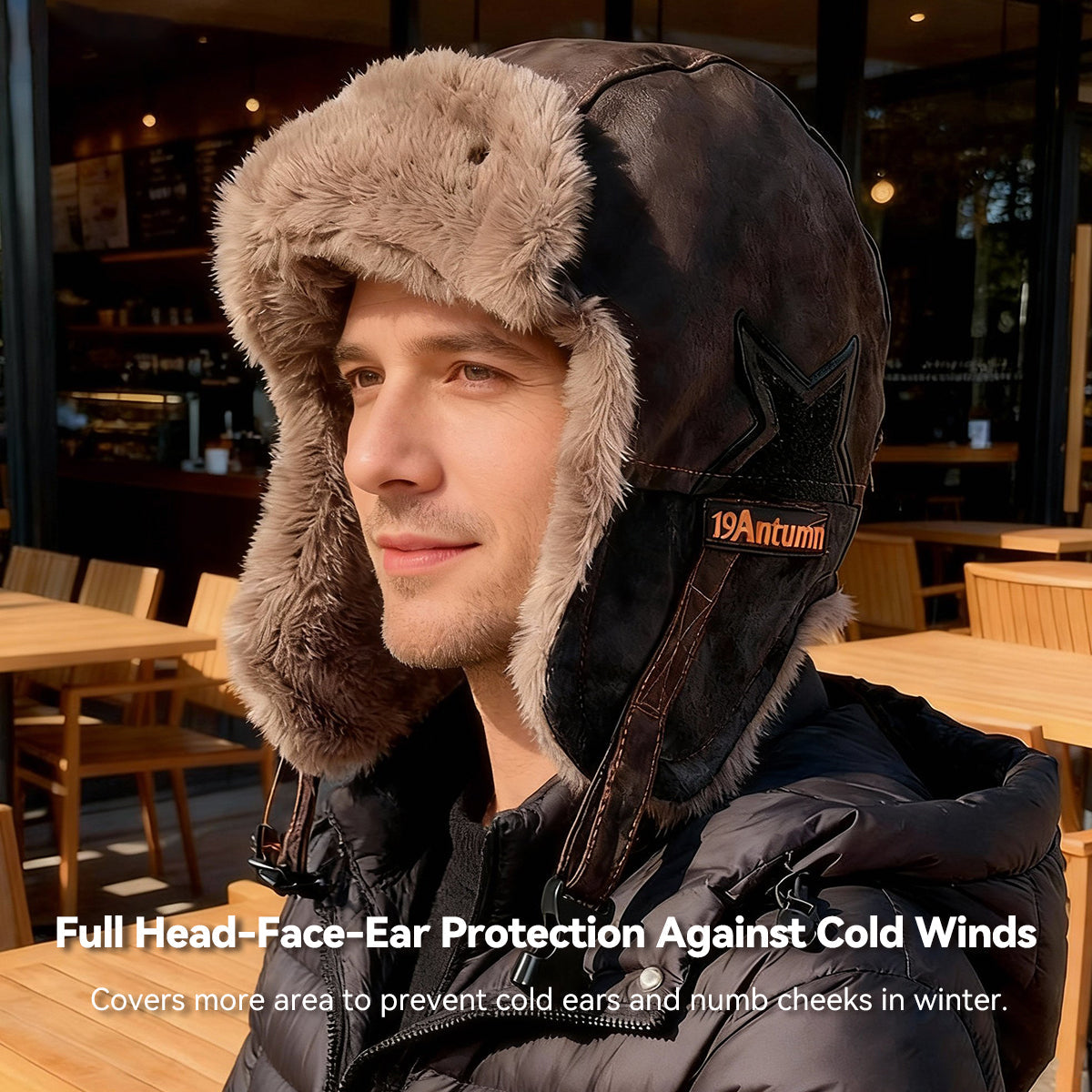Side view of a cozy trapper hat, showcasing its ear flaps and durable material