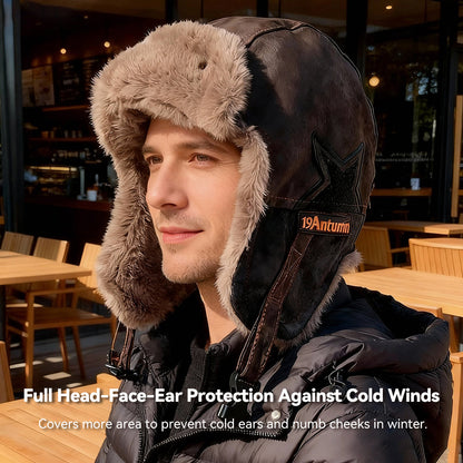 Side view of a cozy trapper hat, showcasing its ear flaps and durable material