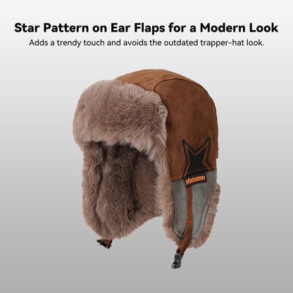Detail of the faux fur trim on a unisex winter trapper hat, soft and insulating