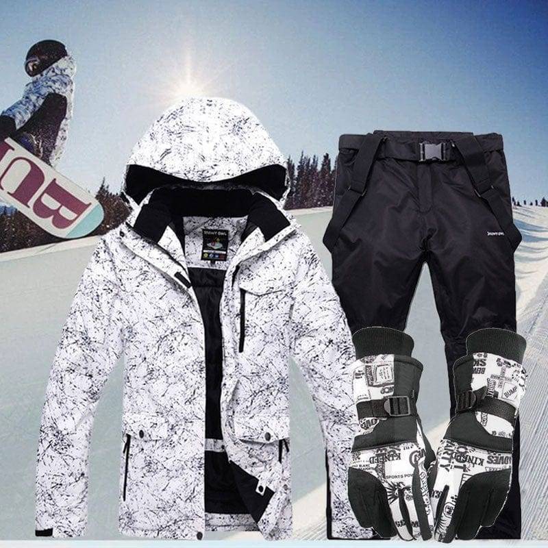 Unisex winter warm waterproof ski suit with hood, side view, ideal for snowboarding outdoor gear