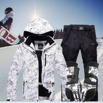 Unisex winter warm waterproof ski suit with hood, side view, ideal for snowboarding outdoor gear