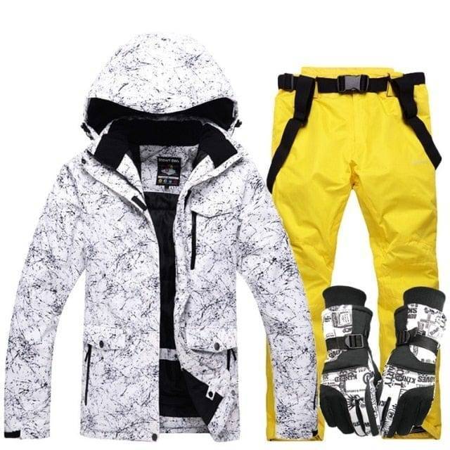 Model wearing unisex hooded waterproof ski suit, smiling, comfortable warm winter apparel