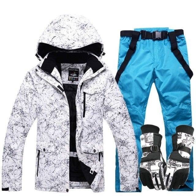 Array of various colored unisex waterproof ski suits with hoods, warm winter outdoor gear