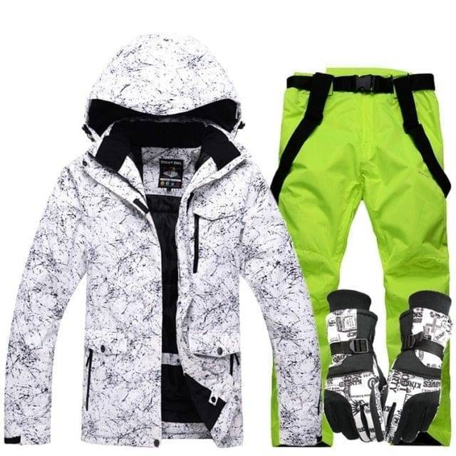 Unisex ski suit on a hanger, showcasing waterproof material and hooded design, winter gear