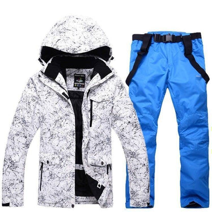 Detailed back view of a unisex hooded ski suit, showing waterproof fabric and snowboard features