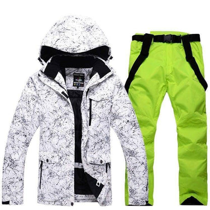 Unisex ski suit with hood, front zipper detail, warm winter apparel, perfect for outdoor gear