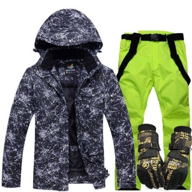 Side profile of a unisex waterproof ski jacket and pants set, warm for winter, snowboard-friendly