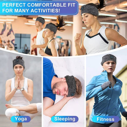 Unisex wireless headphones, sleeping headband, & sports band. Bluetooth audio, comfortable, travel essential.
