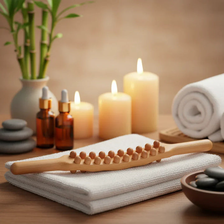 Natural wood Gua Sha stick for self-care, easing muscle tension and improving circulation.