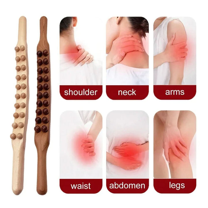 Smooth wooden Gua Sha massage stick designed for full body muscle relief & wellness benefits.