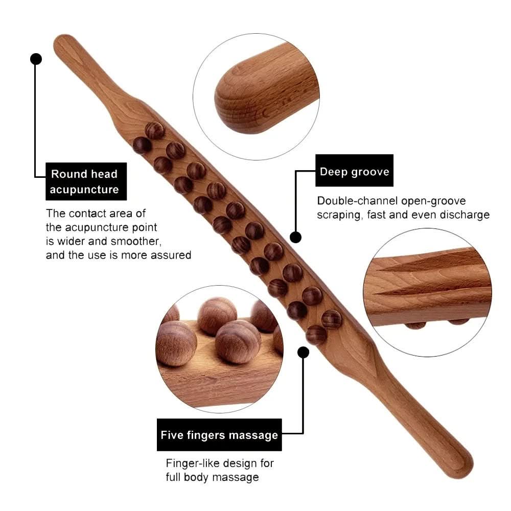 Unisex wooden Gua Sha tool for targeted muscle relief in back, neck, and legs, boosting circulation.