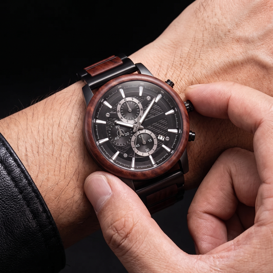 Unisex wooden quartz watch with calendar display. Natural style & distinctive timepiece for everyday wear.